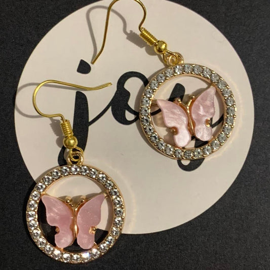 🦋 Baby Pink Rhinestone Butterfly Circle Earrings ✨
