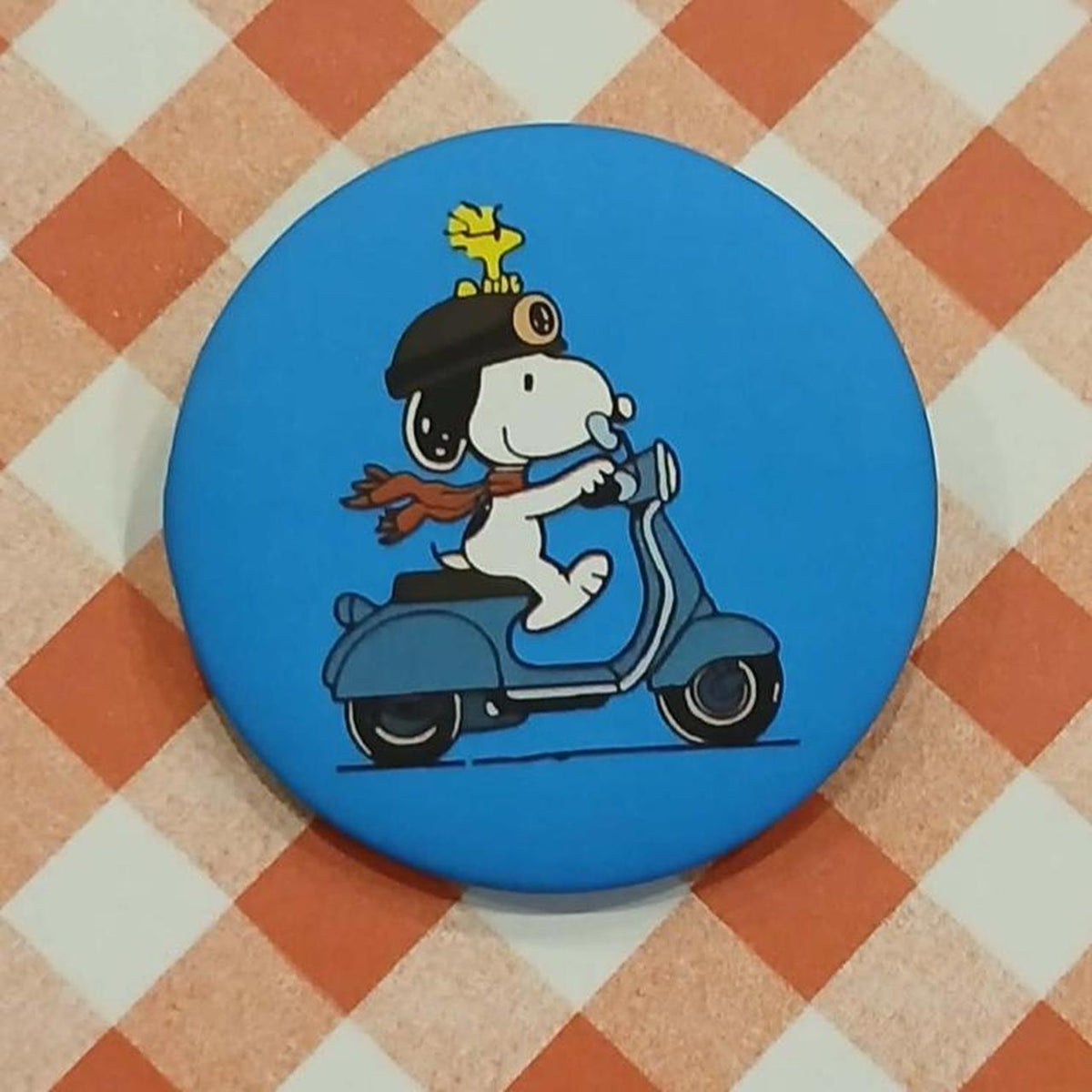 Snoopy & Woodstock on a scooter button pin